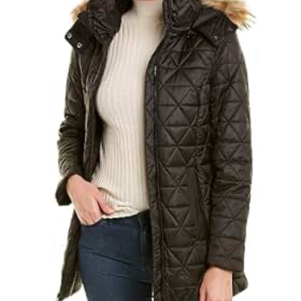 Marc New York Quilted Black Puffer Coat with Faux Fur Hood